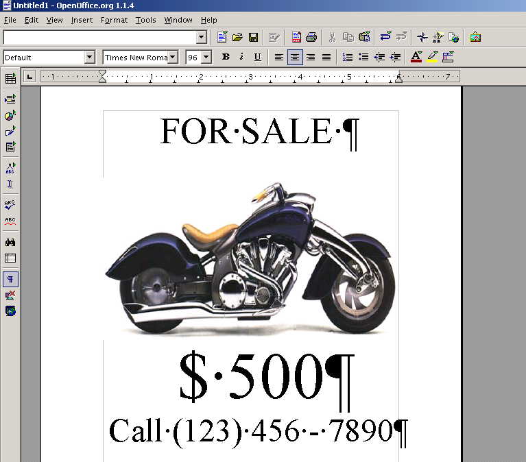 word processor used to create a normal one page "motorcycle for sale" sign